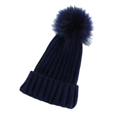 Women Knitted Fur Pom Pom Hat Navy Blue