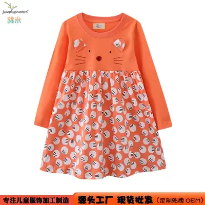 Girls Orange Printed Long Sleeve Dress