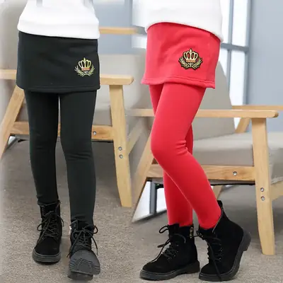Girls Fleece Lined Leggings & Skirt Pants Set Pink