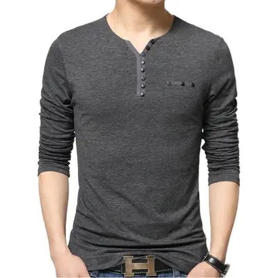 Men Cotton Long Sleeve T-Shirt 8683 Black Button