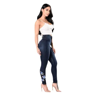 Embroidered High Waist Jeans S-3XL Blue Floral