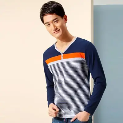 Goldberg Men Long Sleeve Knit T-Shirt Blue Orange Striped