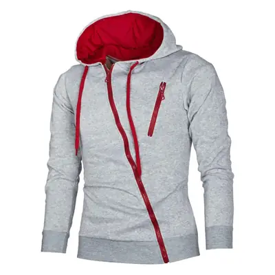 Men Grey Red Zipper Hoodie Slim Fit