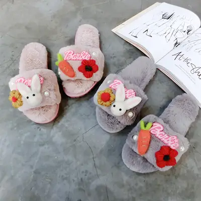 Autumn Winter Cartoon Rabbit Slippers Warm Cotton Pearl