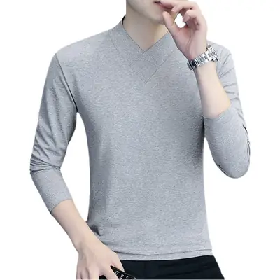 Men V-Neck Long Sleeve T-Shirt White 2025