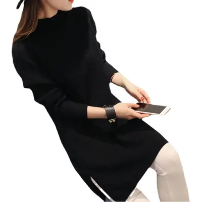 Black Knitted Mid-Length Pullover Sweater for Women