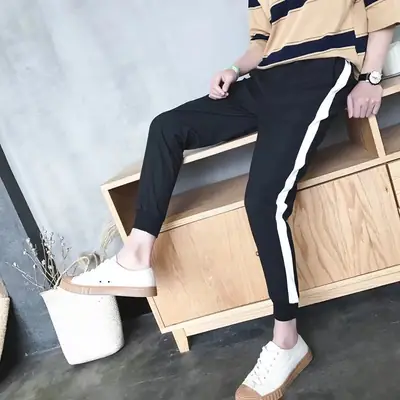Men Black Slim Fit Track Pants with White Stripes