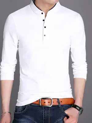Men Grey Button Collar Long Sleeve T-Shirt
