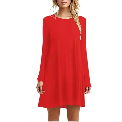 Women's Long Sleeve Loose Fit Skirt Dress Brown
