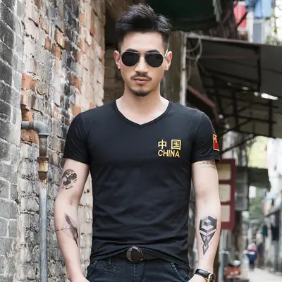 Men China Embroidered Cotton T-Shirt Olive Black