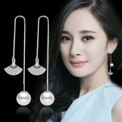 Korean Fan Earrings Pearl Earrings Silver Dangle