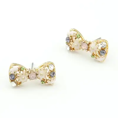 Korean Style Full Diamond Bow Earrings Vintage Exquisite Mini Daisy Flower Earrings