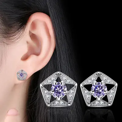 Retro Five-Point Star Earrings Zircon Purple