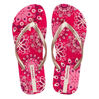 Women's Pink Floral Flip Flops with Gold Strap