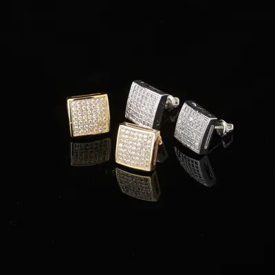 Square Hiphop Micro-inlaid Zircon Gold Plated Earrings for Men