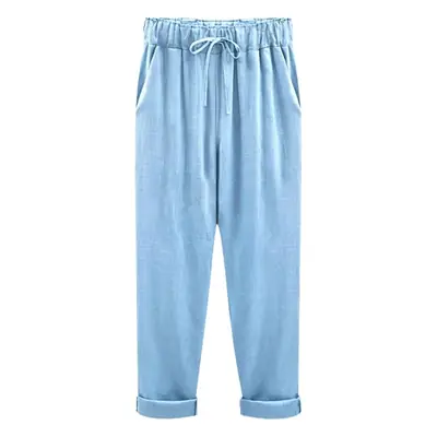 Women Cotton Linen Pants Light Blue Plus Size 150kg