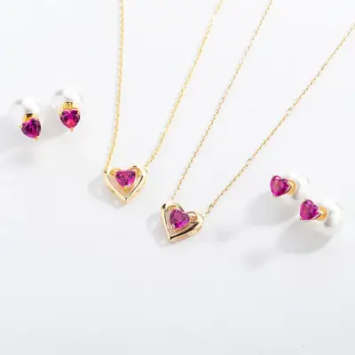 9K Gold Pearl Red Ruby Earrings Set