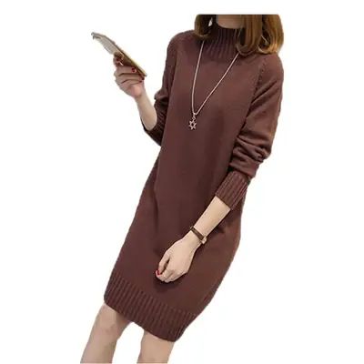 Women's Red Knit Half Turtleneck Mid-Length Dress