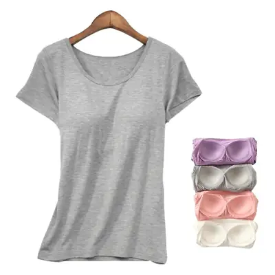 Women Pink Bra-Free T-Shirt with Chest Pad