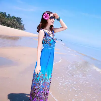 Blue Embroidered V-Neck Beach Dress for Women