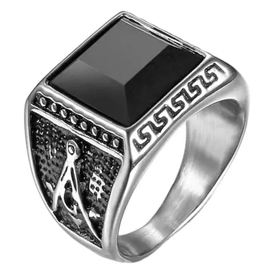 Titanium Men's Masonic Black Gemstone Ring with Ag Logo