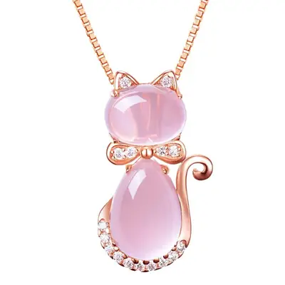 Rose Gold Cat Pendant Necklace with Pink Crystal