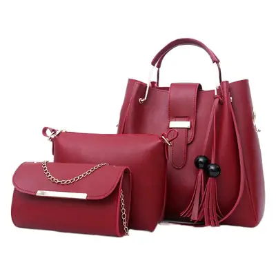 Three-Piece Red Leather Bag Set for Women