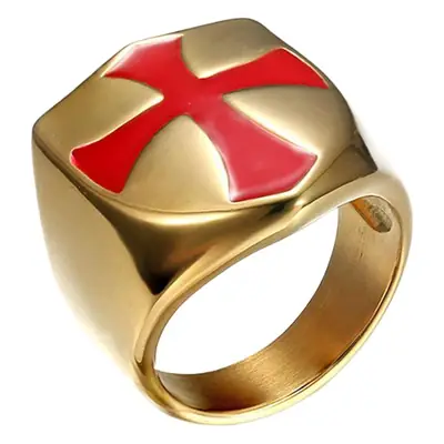 Gold Cross Men's Ring Red Enamel Square Design