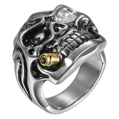 Titanium Steel Skull Ring with Red Eye & Gold Cap