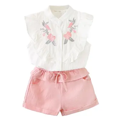 White Floral Embroidered Top with Pink Shorts Set