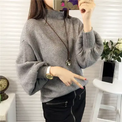 Women Korean Style Red Sweater with Lantern Sleeve