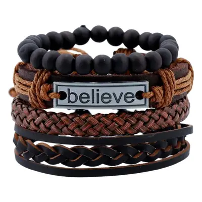 Believe Bracelet Set of 4 Black Brown Leather