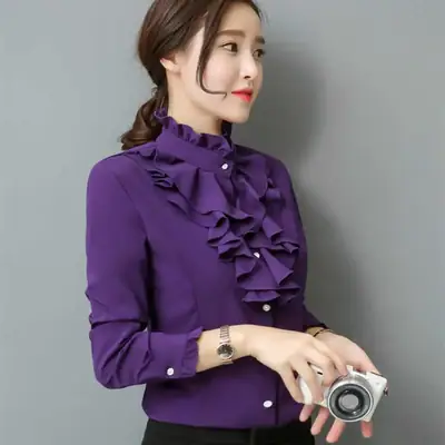 Women's Pink Long Sleeve Collar Shirt with Lace Trim