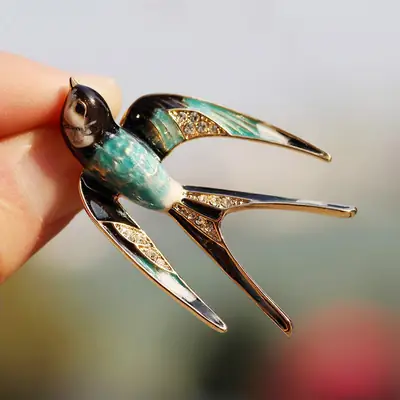 Vintage Luxury Swallow Brooch with Enamel & Crystal Detail
