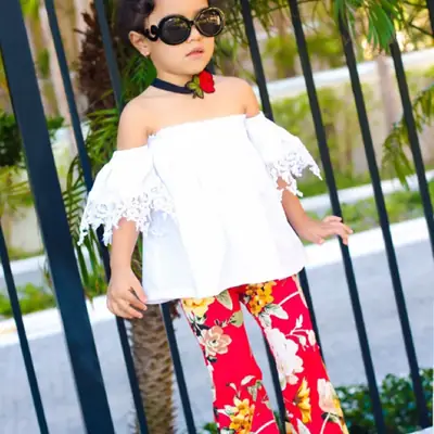 Girls 2025 Summer Off-Shoulder Printed Pants Suit