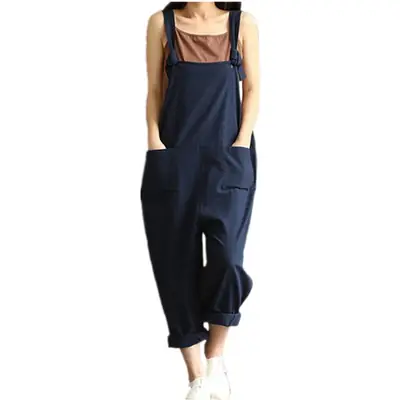 Women's Navy Blue Cotton Linen Strap Jump Suit Plus Size