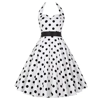 50s Waist Slim Swing Dress Black Polka Dot Belted