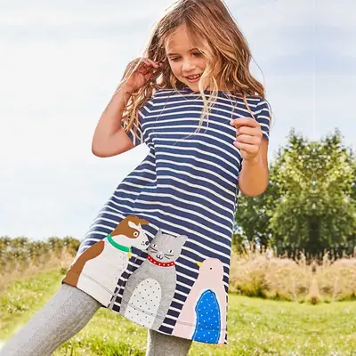 Girls Striped T-Shirt with Bird Print Blue White