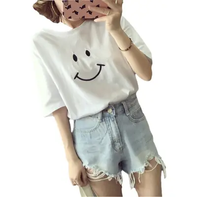 Summer Korean Style Student Women T-Shirt White Pink Loose Fit