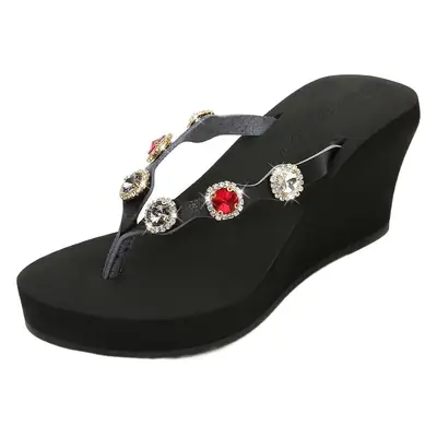 2025 New Summer Fashion Rhinestone Microfiber Leather Foreign Trade Flip-Flops Women's High-Heeled Sandals Manufacturer Supply and Sale in Stock