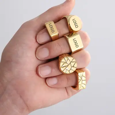 Golden Geometric Engraved Titanium Steel Ring 9.5mm