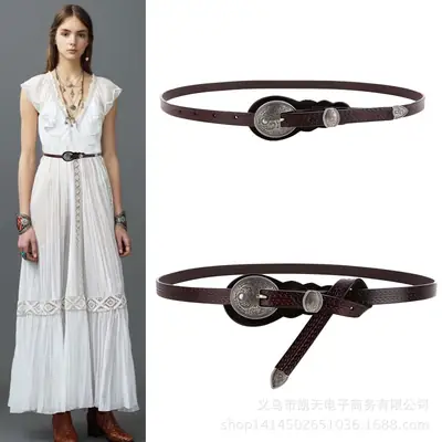 Factory Direct Retro Thin Belt Women Leather Ethnic Dress