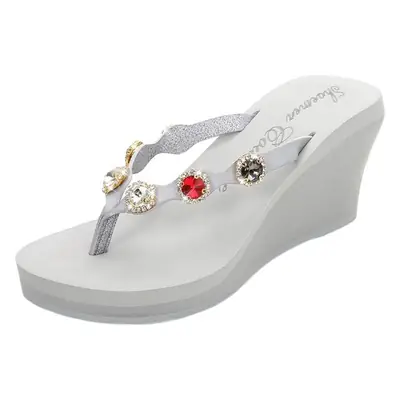 Cross-Border 2025 New Microfiber Leather Beach Slippers for Women Summer Fashion Rhinestone Platform Heel Flip-Flops Hot Style