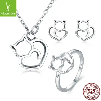 Cute Kitten Pendant S925 Sterling Silver Necklace Set