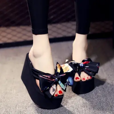 Shining 2025 Slippers Women's Summer Fashion Outerwear 11cm Super High Heel Beach Slippers Bow Thick Soled Flip Flop