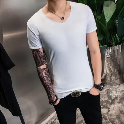 Men Navy V-Neck Short Sleeve T-Shirt Slim Fit