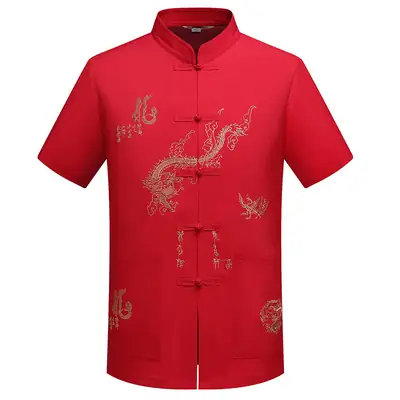 Men Red Dragon Embroidered Cotton T-Shirt