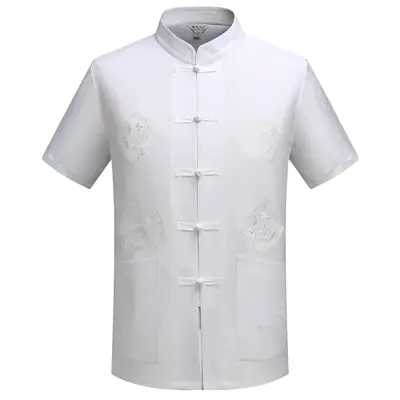 Men Red Embroidered Dragon Short Sleeve Chinese Tang Suit