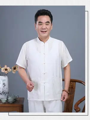 Men Chinese Style Cotton Suit Light Grey Summer Autumn