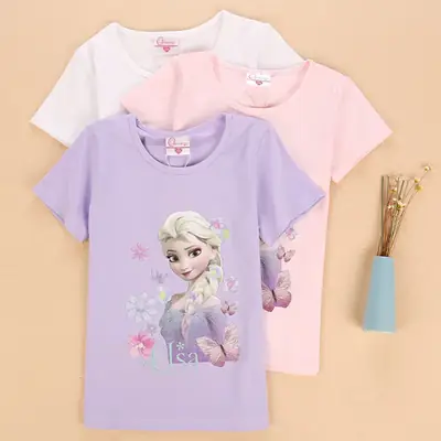 Girls Frozen Elsa Cotton T-Shirt Summer Round Neck
